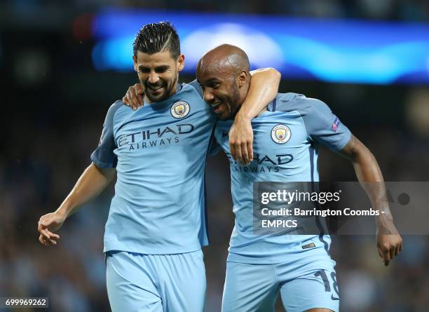 Manchester City's Fabien Delph celebrates scoring his side's first goal of the game