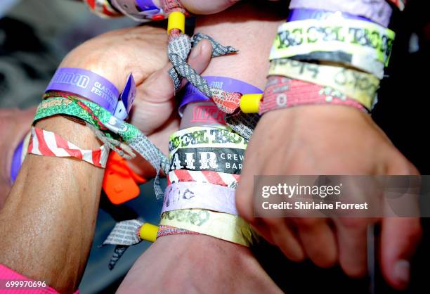 Wristbands on display during the Glastonbury Festival 2017 at Worthy Farm, Pilton on June 22, 2017 in Glastonbury, England.