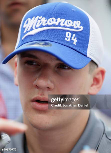 Klim Kostin speaks during the 2017 NHL Draft top prospects media availabilty on the Bright Star Boat on the Chicago River on June 22, 2017 in...