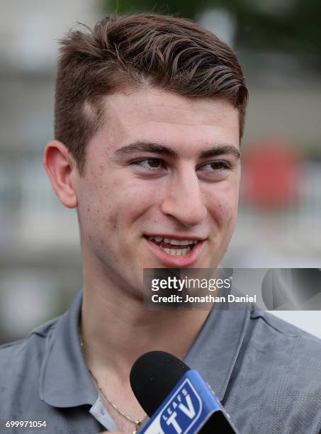 Gabriel Vilardi talks with media members during the 2017 NHL Draft top prospects media availabilty on the Bright Star Boat on the Chicago River on...