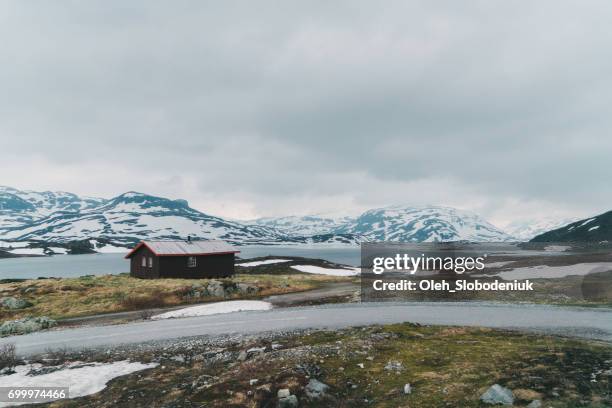 landscape of lake in snowcapped mountains in norway - northpark stock pictures, royalty-free photos & images