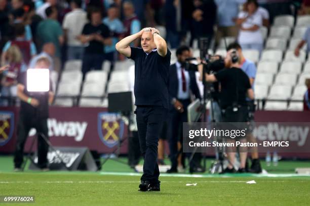 Astra Giurgiu manager Marius Sumudica celebrates after the final whistle