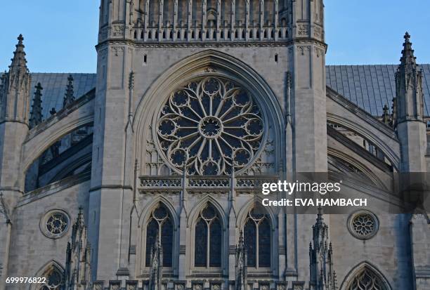 Exterior view of the western front of the National Cathedral in Washington, DC June 20, 2017. - The official name of the Washington National...