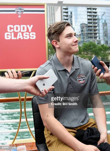 Top prospect Cody Glass talks with members of the media during the 2017 NHL Draft top prospects media availabilty on the Bright Star Boat on the...