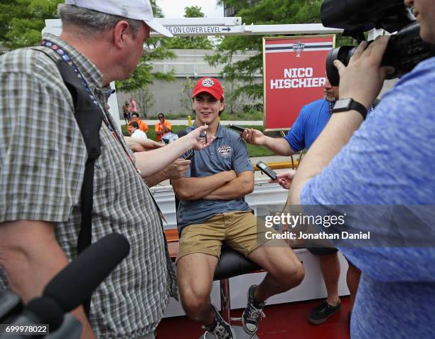 Nico Hischier talks with the media during the 2017 NHL Draft top prospects media availabilty on the Bright Star Boat on the Chicago River on June 22,...