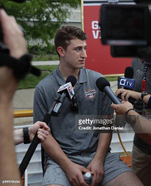 Gabriel Vilardi talks to the media during the 2017 NHL Draft top prospects media availabilty on the Bright Star Boat on the Chicago River on June 22,...