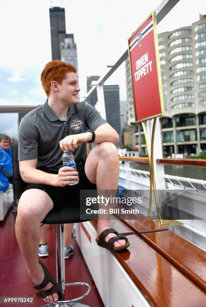 Top prospect Owen Tippett enjoys the ride on the Bright Star Boat during the 2017 NHL Draft top prospects media availabilty on the Chicago River on...