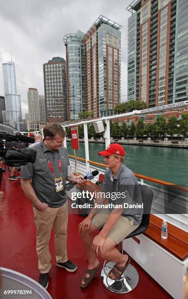 Casey Mittelstadt speaks to the media during the 2017 NHL Draft top prospects media availabilty on the Bright Star Boat on the Chicago River on June...