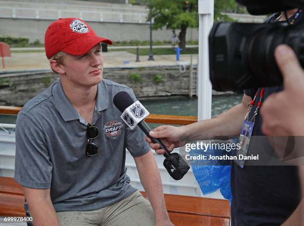 Casey Mittelstadt speaks to the media during the 2017 NHL Draft top prospects media availabilty on the Bright Star Boat on the Chicago River on June...