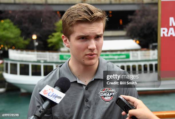 Top prospect Michael Rasmussen talks with members of the media during the 2017 NHL Draft top prospects media availabilty on the Bright Star Boat on...