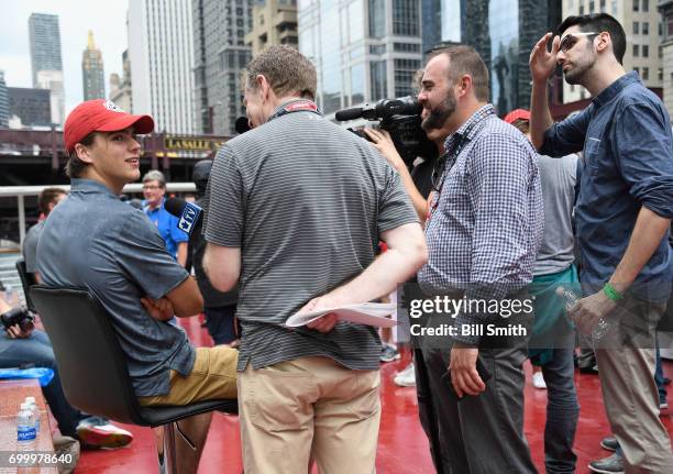 Top prospect Nico Hischier talks with members of the media during the 2017 NHL Draft top prospects media availabilty on the Bright Star Boat on the...