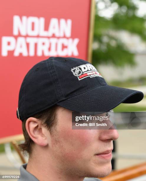 Top prospect Nolan Patrick speaks to members of the media during the 2017 NHL Draft top prospects media availabilty on the Bright Star Boat on the...