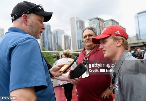 Top prospect Casey Mittelstadt speaks to members of the media during the 2017 NHL Draft top prospects media availabilty on the Bright Star Boat on...