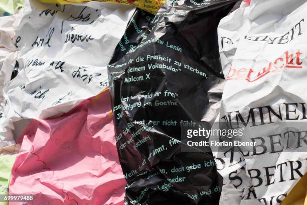During the unveiling of the new art project 'Freiheitswand' in front of the Andreas Quartier on June 22, 2017 in Duesseldorf, Germany. The conceptual...