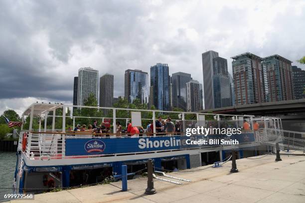 The Shoreline Sightseeing boat waits to take the top prospects for a tour during the 2017 NHL Draft top prospects media availabilty on the Bright...