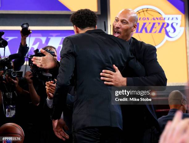 Lonzo Ball reacts with his father LaVar Ball after being drafted second overall by the Los Angeles Lakers during the first round of the 2017 NBA...