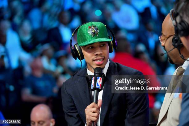 Jayson Tatum talks to the media after being selected third overall by the Boston Celtics in the 2017 NBA Draft on June 22, 2017 at Barclays Center in...