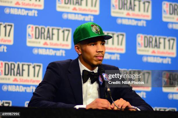Jayson Tatum of the Boston Celtics talks to the media after being the third overall pick at the 2017 NBA Draft on June 22, 2017 at Barclays Center in...