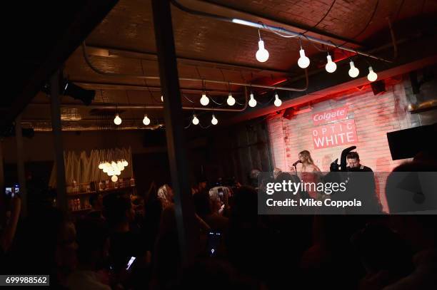 Kelsea Ballerini performs on stage during A Legendary Night Out With Kelsea Ballerini Presented by Colgate Optic White on June 22, 2017 in New York...