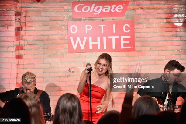 Kelsea Ballerini performs on stage during A Legendary Night Out With Kelsea Ballerini Presented by Colgate Optic White on June 22, 2017 in New York...