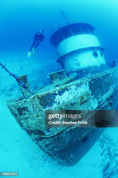 dominican republic, shipwrecked tugboat in underwater park, diver - naufrágio - fotografias e filmes do acervo