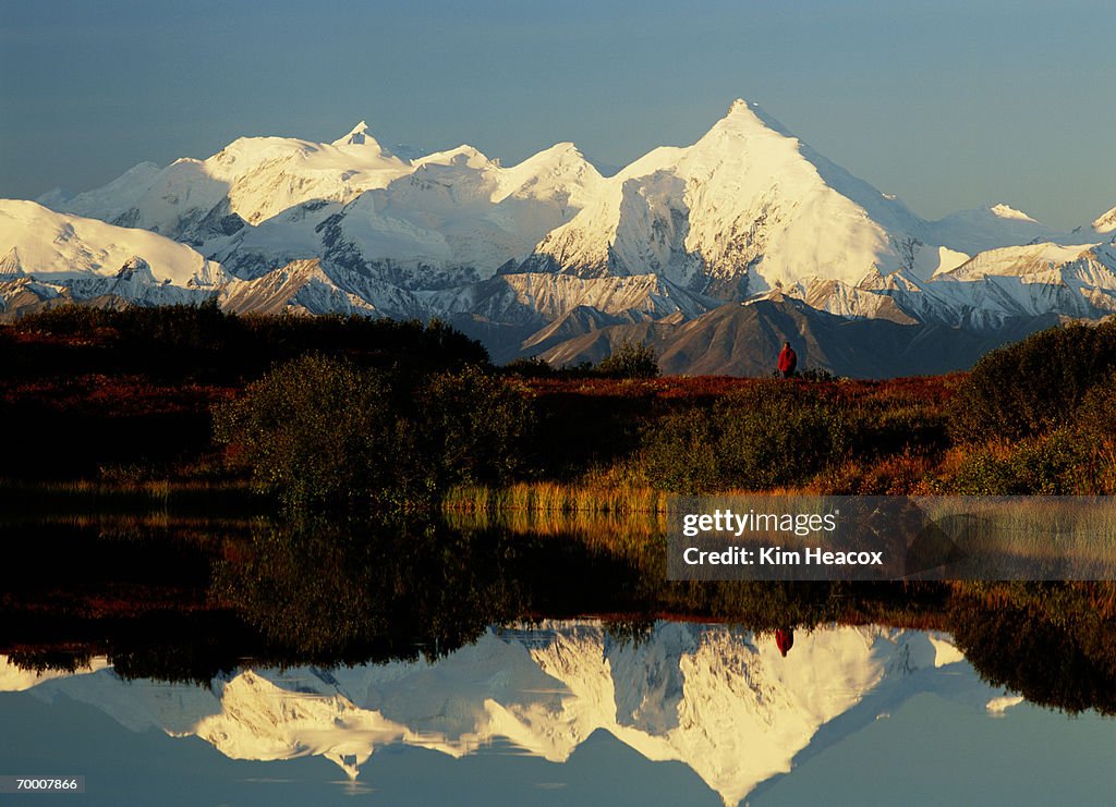 USA, Alaska, Mount Brooks, Reflection Pond, hiker