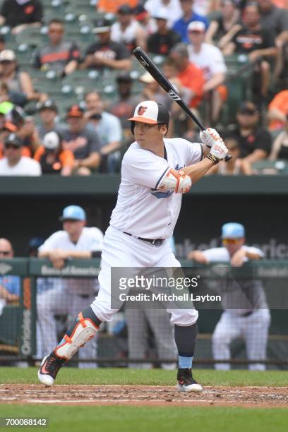 Hyun Soo Kim of the Baltimore Orioles prepares for a pitch during a baseball game against the St. Louis Cardinals at Oriole Park at Camden Yards on...