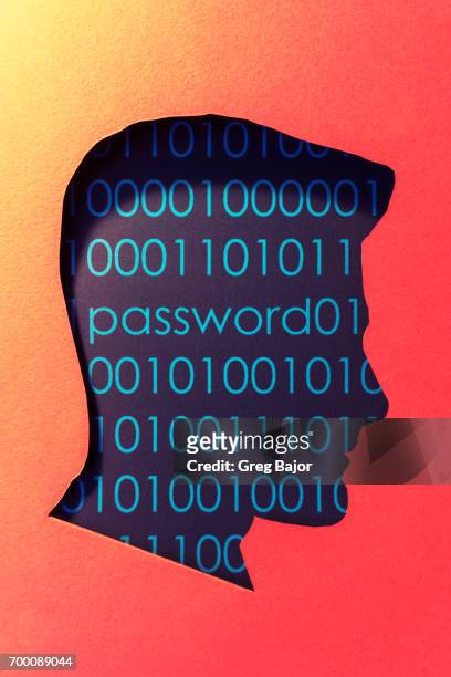 Human head, binary code and word password.