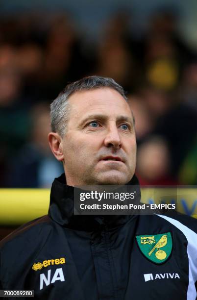 Norwich City Manager Neil Adams on the bench during the Sky Bet Championship match at Carrow Road stadium, Norwich