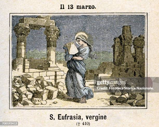 Saint Euphrasia, martyr in Nicomedia Under Diocletian IV century. Commemoration on 13 March. Colored engraving from Diodore Rahoult, Italy 1886 .