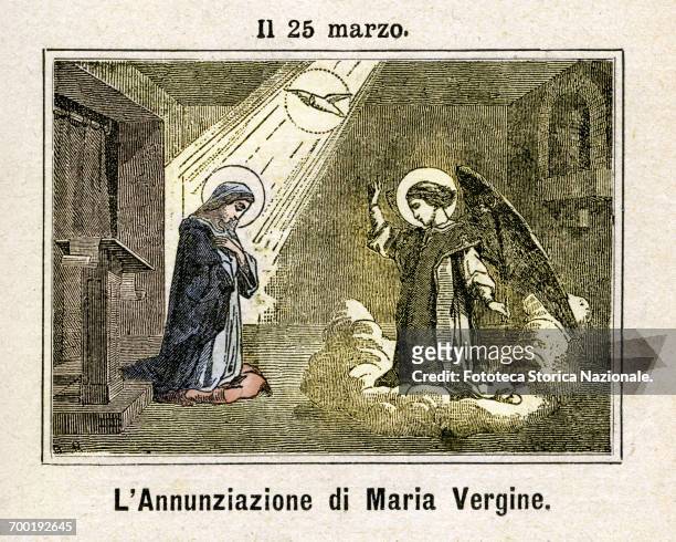 The Holy Annunciation to the Virgin Mary: the Archangel Gabriel announces the holy motherhood of the Virgin Mary in prayer in her room. The Holy...