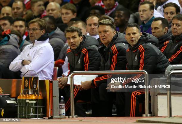 Liverpool manager Jurgen Klopp alongside Manchester United manager Louis van Gaal and his assistants Albert Stuivenberg and Ryan Giggs.
