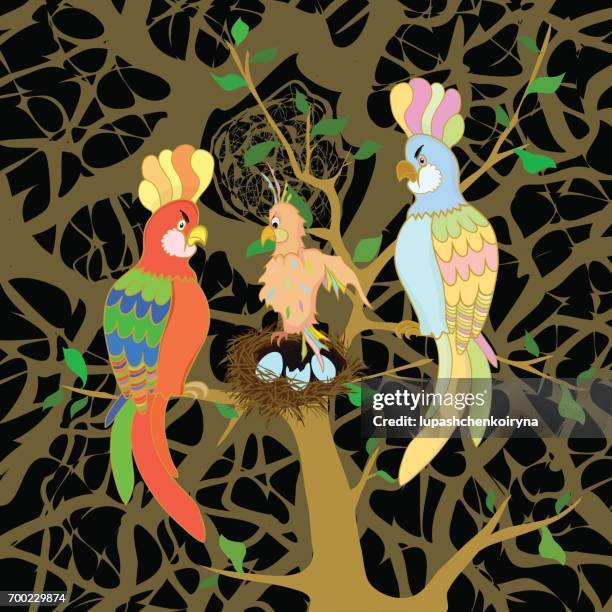 vector illustration of a family of parrots with a nestling - cockatoo silhouette stock illustrations