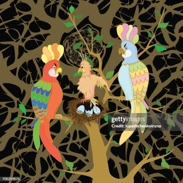 vector illustration of a family of parrots with a nestling - copse stock illustrations