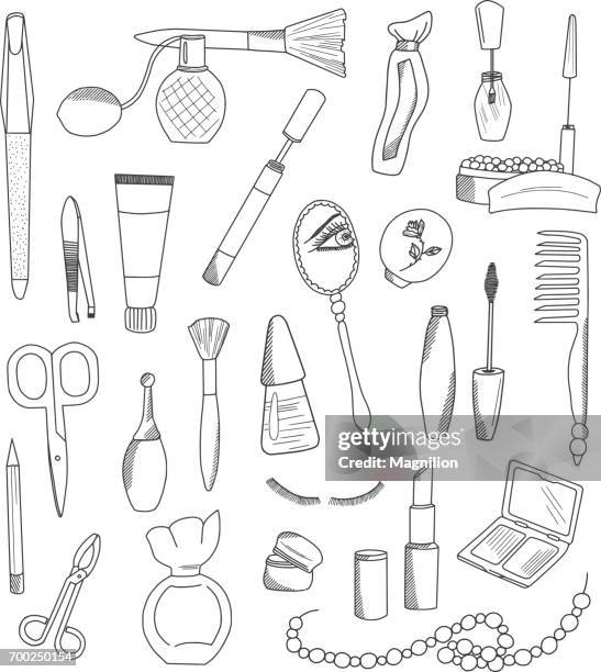 kosmetik-accessoires doodles set - kajalschminke stock-grafiken, -clipart, -cartoons und -symbole