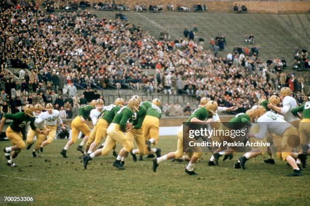 The Notre Dame varsity team runs the ball against the Notre Dame alumni team during an alumni game on April 16, 1957 at Notre Dame Stadium in South...