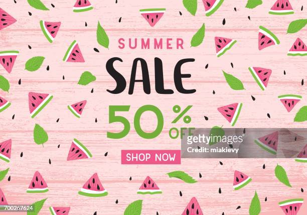 bildbanksillustrationer, clip art samt tecknat material och ikoner med sommar försäljning vattenmelon banner - watermelon