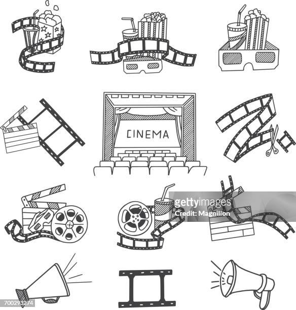 ilustrações, clipart, desenhos animados e ícones de cinema doodles conjunto - movie theater