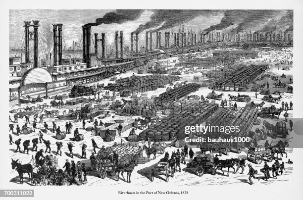 riverboats in the port of new orleans victorian engraving, 1878 - horse and cart deliver stock illustrations