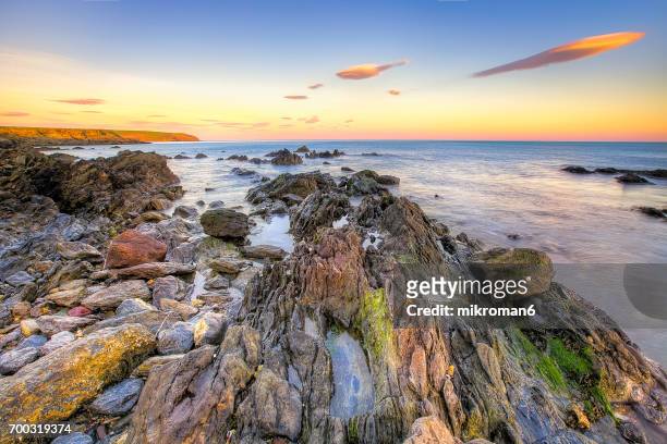 sunset landscape in beautiful  irish seascape scenery. dungarvan, co. waterford, ireland - waterford stock pictures, royalty-free photos & images