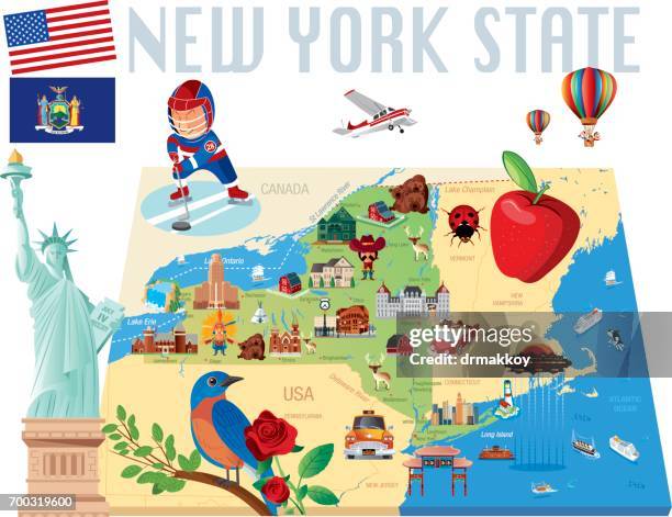 new york state cartoon map - new york state flag stock illustrations