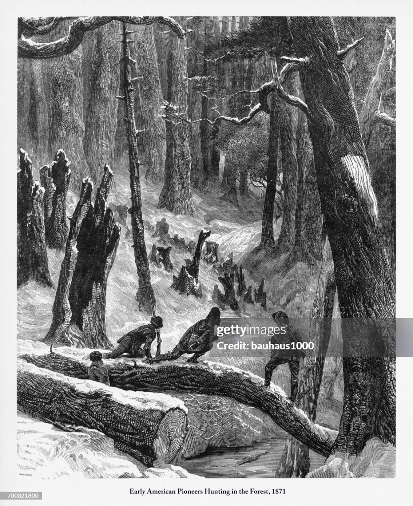 Pioneers Hunting in the Forest, Early American Victorian Engraving, 1871