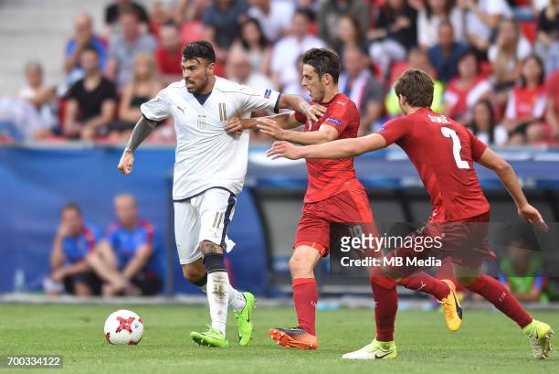 Andrea Petagna Milan Havel Stefan Simic during the UEFA European Under-21 match between Czech Republic and Italy on June 21, 2017 in Tychy, Poland.