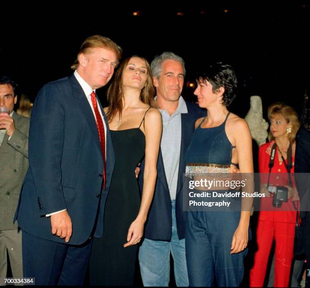 From left, American real estate developer Donald Trump and his girlfriend , former model Melania Knauss, financier Jeffrey Epstein, and British...