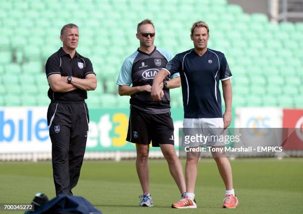 Surrey coaches Alec Stewart and Stuart Barnes with Shane Warne