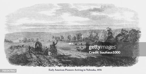 Pioneers Arriving In Nebraska Early American Victorian Engraving 1856 High-Res Vector Graphic