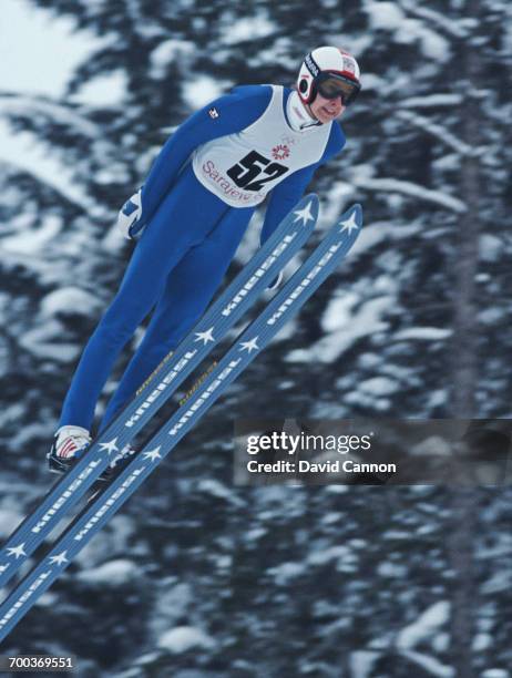 Matti Nykanen of Finland during the Men's 90m Large Hill individual ski jump event at the XIV Olympic Winter Games on 18 February 1984 at the Igman...