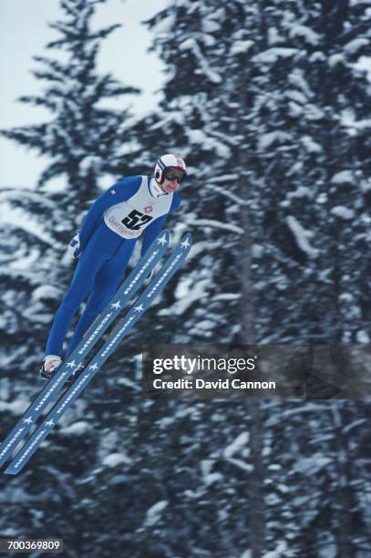 Matti Nykanen of Finland during the Men's 90m Large Hill individual ski jump event at the XIV Olympic Winter Games on 18 February 1984 at the Igman...