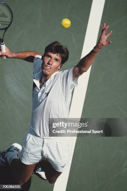 German tennis player Michael Stich pictured in action during competition to reach the final of the 1994 US Open Men's Singles tennis tournament at...