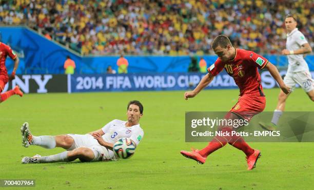 Belgium's Eden Hazard has a shot on goal